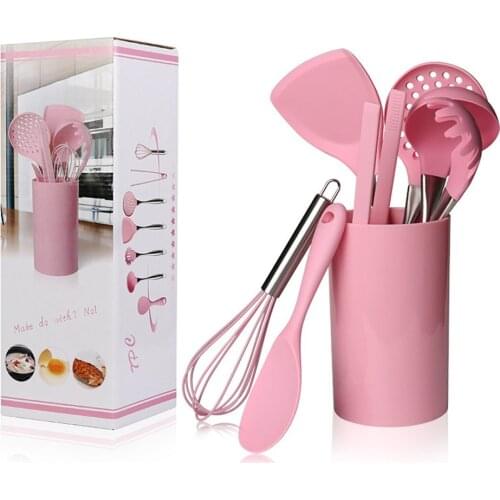 Cooking Tool Sets 7 Pcs Pink Silicone Utensils Set Stainless Steel Handle Kitchenware Dinnerware Heat Resistant Kitchen Tools