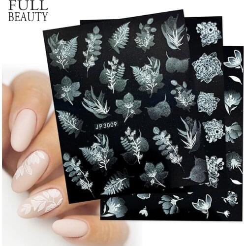 Leaf Flower Laser Design Nail Stickers 3D White Elegant Embossed Slider for Gel Polish Nail Decals Decoration Tips CHJP3001-3018