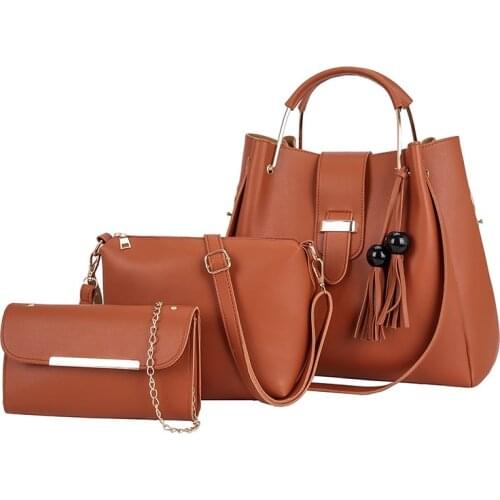 2020 new womens bag PU leather solid color single shoulder portable daughter-in-law bag three pieces large capacity bucket bag
