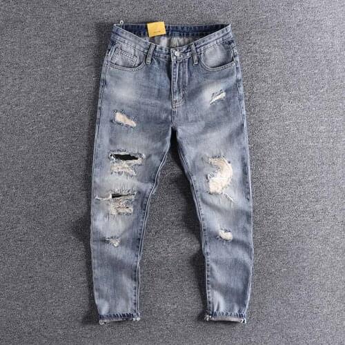 2020 new arrival Mens big hole baggy straight pants light blue worn out trendless 9-point tattered jeans trouser 0310