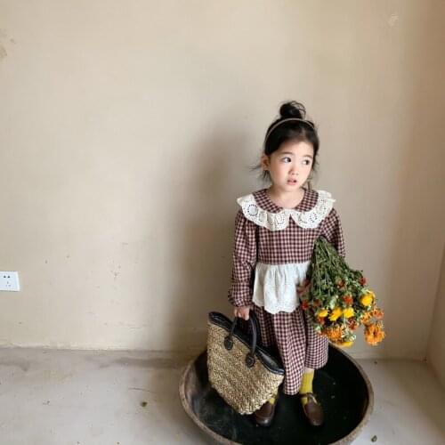 Autumn New Arrival korean style girls dress plaid with lace collar loose long sleeve princess dress for cute sweet baby girls