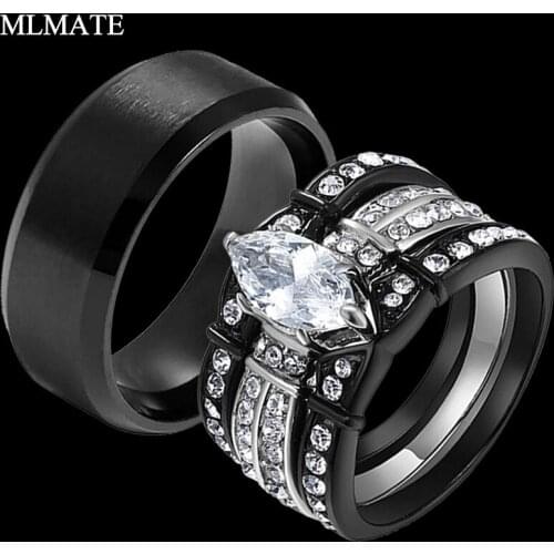 His and Hers Matching Gift Couples Rings Black Stainless Steel Cubic Zirconia Engagement Ring Sets
