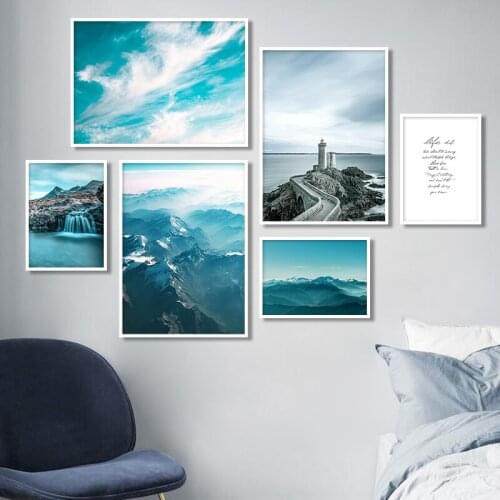 Mountain Lake Nature Scenery Poster Nordic Style Landscape Wall Art Waterfall Canvas Prints Painting Decorative Pictures Decor