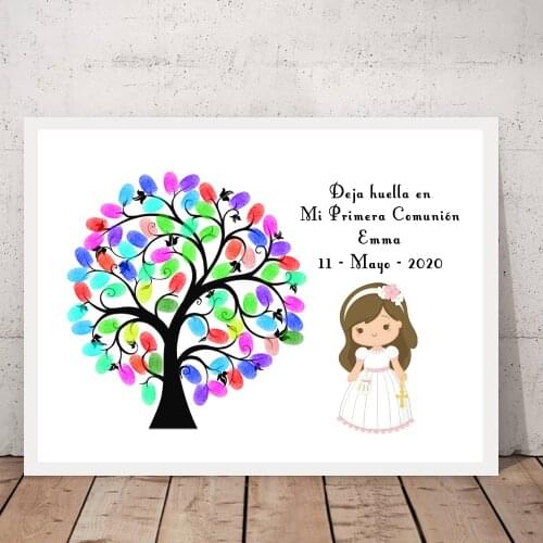 Custom Name Date Kids Baptism Fingerprint Signature Girls Boys First Holy Communion Fingerprint DIY Guestbook Signature Tree