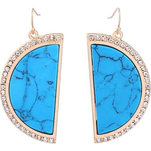 Casual Blue & Brown Semicircle Natural Stone Big Earrings 2017 KPOP Ethnic Drop Earrings For Women Indian Jewelry