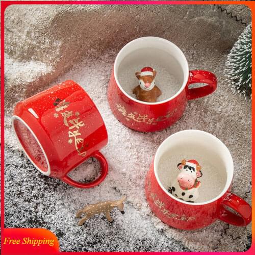 Christmas Cute Cartoon Personality 3D Ceramic Cup Creative Couple Coffee Milk Animal Mug Christmas Present Gifts Tazas Cool Cups