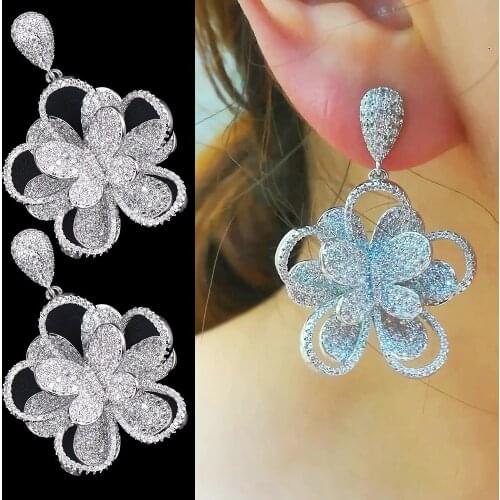 Vintage Design Large Party Flowers Drop Earring Jewelry Cubic Zirconia Fashion Jewelry boucle d'oreille femme New 2019 Jewelry