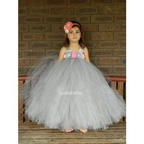 Grey fluffy Beauty Contest T-show Party Kids Clothes Children Princess Clothing Vestido tutu Costume Tutu Girls Party Dress