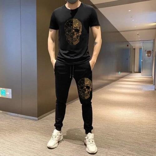 Tracksuit Mens Spring Slim Fashion T-Shirt And Trousers Pure Cotton O-Neck Tees Rhinestone Craftsmanship Suitable Short Sleeves