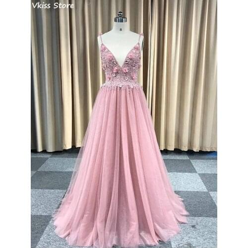 Light Pink Prom Dress 2021 A-line Tulle V-neck Spaghetti Strap Beads Pearl Floor Length Backless Evening Dress вечернее платье