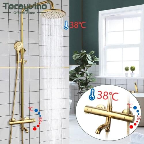 Torayvino Thermostatic Bathroom Shower Faucet Set Wall Mounted Hot And Cold Mixer Water Taps Bathtub Rainfall Shower Combo Kit