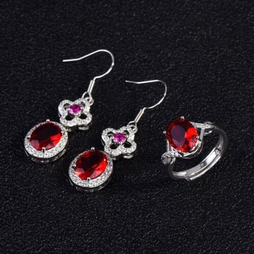 Trend Luxury Jewelry Set Inlay Oval Red Big Zircon Elegant Wedding Ring Unusual Earrings For Women Cocktail Party Necklace Gifts