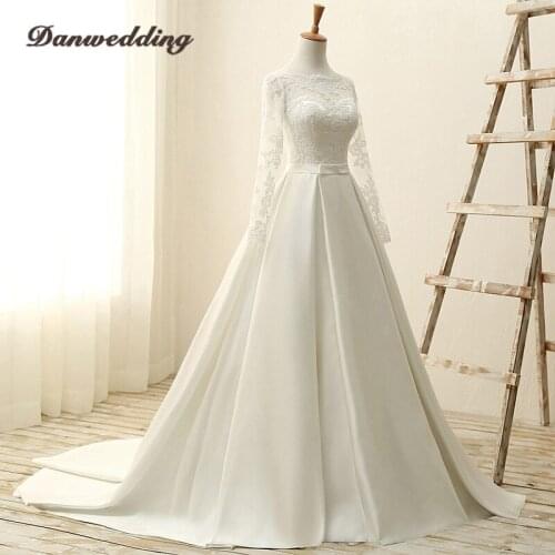 Vintage Satin Wedding Dress Long Sleeve Pockets Scalloped-Neck Refinement Lace Applique Bridal Dress Real Photo Wedding Gowns