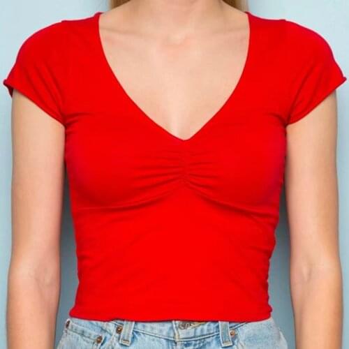 Summer Women Sexy V-neck Stretchy Fitted T-shirts Ruched Crop Top Women Casual Short Sleeve White T Shirt Slim Basic Tees Female