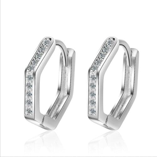 KOFSAC New Fashion 925 Sterling Silver Earrings For Women Geometric Polygon Shiny Zircon Hoop Earring Female Anniversary Gifts