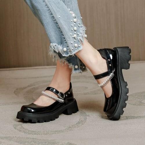 Lolita Beads chain mary jane shoes women 2021 shiny loafers square toe thick heels oxfords woman pearl japanned leather flats