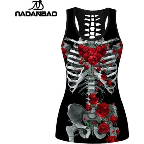NADANBAO Skull Skeleton Tank Tops Women Red Rose Round Tops Sleeveless Plus Size Vest Sleeveless Cropped Woman Top Clothing