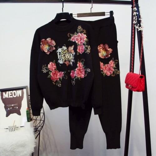Amolapha Women Handmade 3D Flowers Sequined Embroidery Knitted Clothing Sets Knitting Pullover Sweaters+Pants Tracksuits
