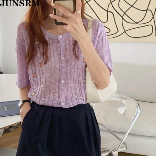 Retro Embroidery Flower Knitted Cardigan Women Short Sleeve All Match Vintage Thin Knitted Feminine Tops Summer Leisure Sweaters