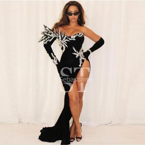 Vintage Black Prom Dresses One Shoulder High Slit Satin Mermaid Evening Gowns Celebrity Crystal Beaded Women Plus Size