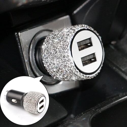 New 1Pc Diamond-mounted Car Phone Safety Hammer Charger Dual USB Fast-charged Car Accessories Aluminum Alloy Car Charger Decor