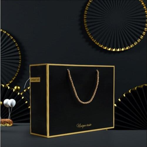 500pcs/Lot Customized Logo Printed Black Paper Bag with Gold Border Matte Lamination and High-end Tote Bags for Clothing/Gift
