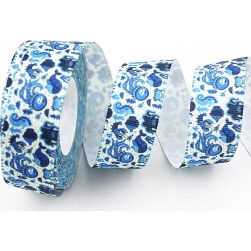 9mm/16mm/22mm/25mm/38mm/75mm blue ocean print grosgrain ribbon 10/25/50yards DIY gift wrap sewing wedding decor ribbon