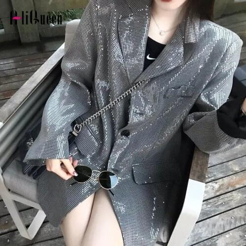 Korean Sequin Blazer Women Oversize Loose Temperament Bright Shiny Suit Blazer Coats Female Casual Outwear Woman Jacket 2021
