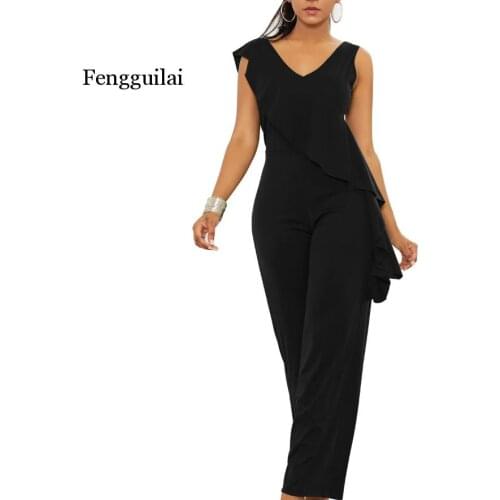 Summer Ruffle Jumpsuit Women V Neck Sleeveless Overalls Long Pants Clothes 2020 Office Work Elegant Wide Leg Jumpsuits Plus Size