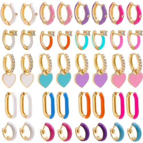 Fashion Jewelry Colorful Round Enamel Crystal Hoop Earrings for Women Charm CZ Circle Geometric Cartilage Huggie Heart Earrings
