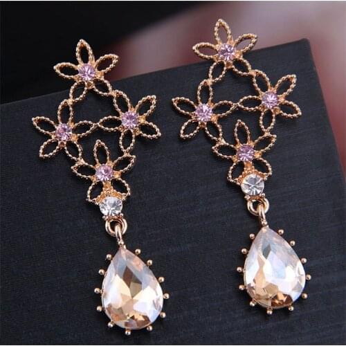 Kymyad Fashion Jewelry Crystal Long Wedding Earrings Water Drop Pendant Women Dangle Earrings Hollow Flower Statement Earrings