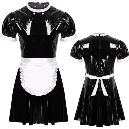 Mens Sissy Maid Cosplay Sexy Party Costumes Set Short Puff Sleeve Wet Look Patent Leather Maid Servant Uniform Dress with Apron