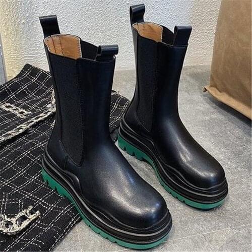 New Thick Sole Chelsea Boots Women Leather Round Toe Square Heel Mid-Calf Boots Woman Comfortable Casual Motorcycle Boots Mujer