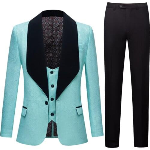 New Fashion Groom Blue Jacquard Men Suit Set Tuxedos Mens Wear Wedding Party Groomsman Suits 3PCS(Jacket+Pant+Vest)