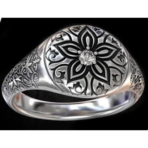 Punkboy Retro Flower Pattern Blackened Inlaid Rhinestone Ring, Popular Exquisite Jewelry men ring