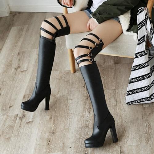 New Ladies Street Platform Knight Boots Fashion Belt Buckle Slip On Knee Boots Female Super High Heel Four Seasons Womens Shoes