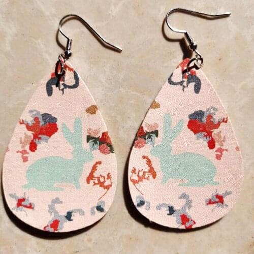 Happy Easter Rabbit Printed Teardrop Earrings Faux Leather Earrings Double Water Drop Earrings New