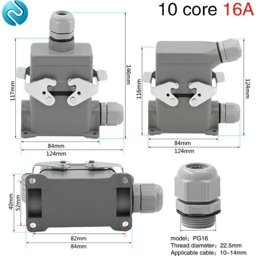 Heavy duty connector hdc-he-010 rectangular 10 core high base aviation plug socket waterproof top line and Lateral line 16A
