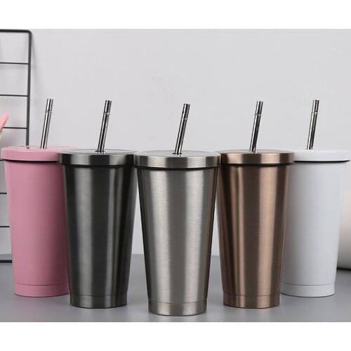 16oz Thermos Bottle Stainless Steel Straw Tumbler Cup Vacuum Coffee Mug Insulation Cup With Steel Straw
