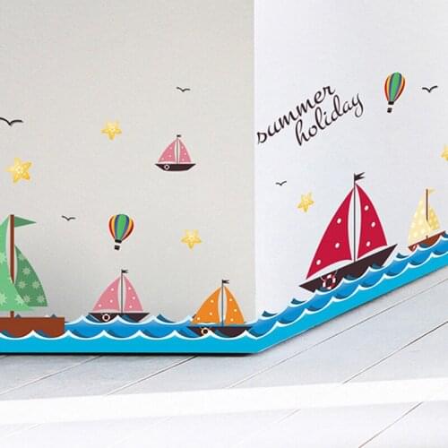 Hot Air Balloon Birds Blue Ocean Sailboat Baseboard Wall Stickers Home Decor Kids Room Bathroom Decoration Border Decals