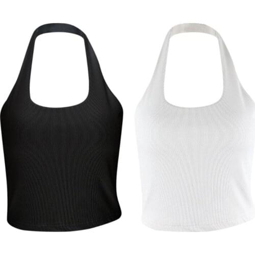Y166 Women Summer Sexy Halter Backless Tank Top Solid Color Ribbed Slim Camisole Off Shoulder Sleeveless Cropped Vest Shirt