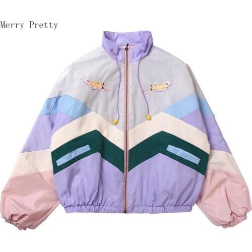 Harajuku Style Women Pastel Bomber Jacket Cute Embroidery Color Block Duster Souvenir Sukajan Thin Jackets Japanese Girls Coat