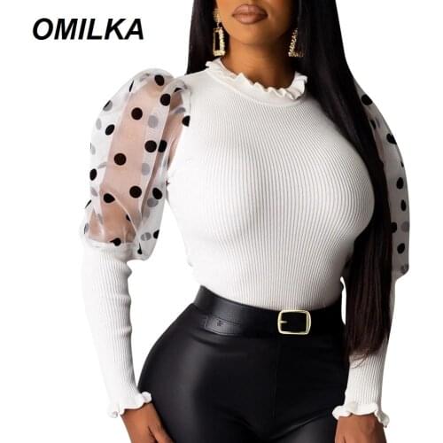 OMILKA Dots Printed Knitted Mesh T Shirt 2020 Autumn Women Puff Sleeve O Neck High Elastic Club Street Slim Tops Tees Shirt