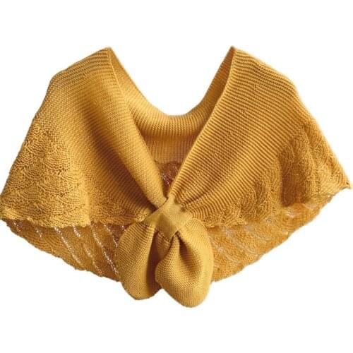 Women Spring Crochet Shawl Wrap Knitted Fish Scales Solid Color Fake Collar Poncho Tie Knot Front Vintage Warm Cape Scarf