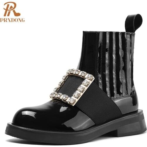 2021 New High Quality Womens Boots Chunky Heels Platform Winter Ankle Boots with Rhinestone Slip On Ladies Black Punk Shoes