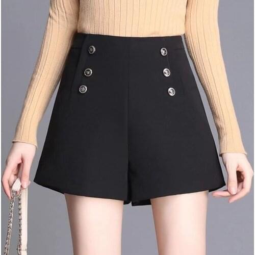 2021 Summer Spring Office Lady Women High Waisted Double Breasted Black Wide Leg Shorts , Fall Woman Clothes 3xl Shorts