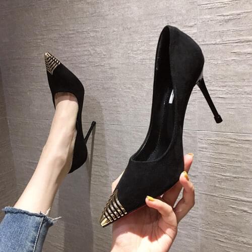 Ladies High Heels Spring and Autumn New Wild Net Red Metal Pointed Single Shoes Women Suede Stiletto Heel Work Shoes Women