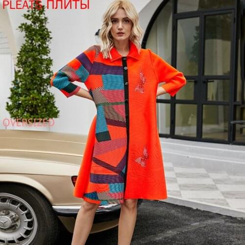 2021 European and American Spring and Summer Fashion Long-sleeved Geometric Print Dress Women MIYAKE Pleats Vestido