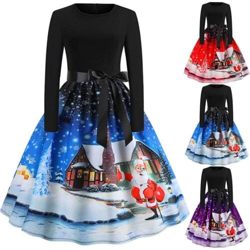 Women Vintage Christmas Print Dress Round Neck Long Sleeve Large Swing Formal Dress Vintage Robe Swing Pinup Elegant Party Dress
