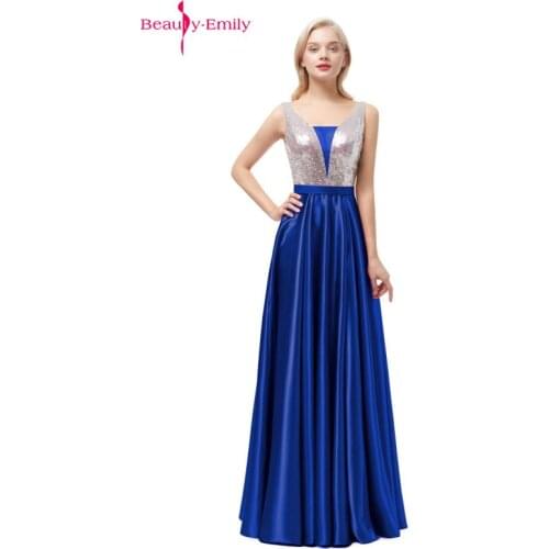 Beauty Emily Sequined A Line Pink Evening Dresses 2019 Long V Neck Formal Evening Gowns Party Prom Formal Party Dresses